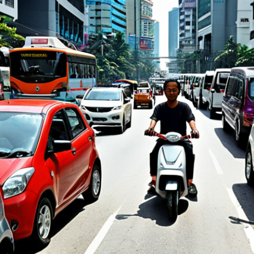 Home 6 **Prompt:** A busy Kuala Lumpur street scene with a person happily riding an electric scooter past a traffic jam of cars. Focus on the contrast between the micro-mobility solution and the congested traffic. Include modern buildings and local Malaysian elements in the background.