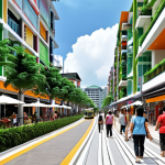 **A vibrant, pedestrian-friendly city center in Malaysia.  Shops and apartments are integrated seamlessly, with a light rail station in the background.  Many people are walking and enjoying the public spaces. The style is modern and sustainable, emphasizing greenery and open areas.** (Focuses on mixed-use development, transit-oriented design, and walkability)