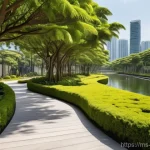 기후변화와 도시계획 - **Prompt:** A vibrant, futuristic Malaysian city park during a sunny afternoon, designed for ultimat...