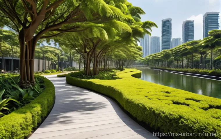 기후변화와 도시계획 - **Prompt:** A vibrant, futuristic Malaysian city park during a sunny afternoon, designed for ultimat...