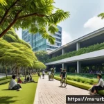 에너지효율적 도시설계 - **Prompt:** "A vibrant, sustainable Malaysian city scene during a pleasant afternoon. Wide, tree-lin...